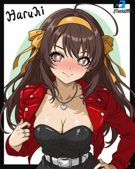 absurdres belt black_dress breasts brown_eyes brown_hair cleavage collarbone dress hairband hand_on_own_hip highres jacket jewelry leather leather_jacket long_hair looking_at_viewer medium_breasts necklace red_jacket ring smile suzumiya_haruhi suzumiya_haruhi_no_yuuutsu t-works
