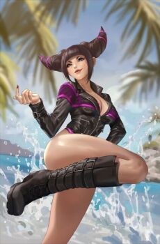 Rule 34 | 1girl, artist request, black hair, blue sky, boots, breasts, han juri, heterochromia, jacket, large breasts, leather, leather jacket, lips, nails, ocean, official art, one leg raised, pointing, pointing at self, presenting, sky, smile, street fighter, street fighter 6, udon entertainment, water