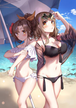 Rule 34 | 2girls, :q, adjusting eyewear, akitsu maya, applying sunscreen, beach, beach umbrella, bikini, black bikini, blue sky, blush, breasts, brown eyes, brown hair, cleavage, commentary request, day, eyewear on head, feet out of frame, flower, green-framed eyewear, hair flower, hair ornament, hair ribbon, highres, holding sunscreen, large breasts, looking at viewer, multiple girls, natsuno hiyori, navel, orange ribbon, outdoors, red flower, ribbon, sahara386, sex and dungeon, sky, small breasts, standing, stomach, sunglasses, swimsuit, tongue, tongue out, umbrella, white bikini