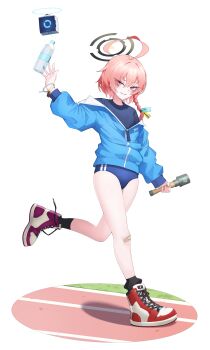 Rule 34 | 1girl, absurdres, ahoge, black shirt, black socks, blue archive, blue buruma, blue jacket, braid, buruma, commentary request, explosive, full body, funky dea1er, grenade, gym uniform, hair between eyes, highres, holding, holding grenade, huge ahoge, jacket, jacket partially removed, looking at viewer, millennium science school logo, mole, mole under each eye, mole under eye, multiple moles, neru (blue archive), orange hair, red eyes, shirt, shoes, short hair, single braid, smile, sneakers, socks, track jacket