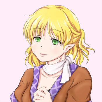1girl breasts brown_shirt closed_mouth commentary_request kanro-candy looking_at_viewer medium_breasts mizuhashi_parsee pink_background pointy_ears scarf shirt short_hair short_sleeves simple_background smile solo touhou upper_body white_scarf
