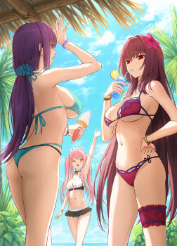 Rule 34 | 3girls, arm up, ass, bikini, black skirt, blue sky, bracelet, breasts, brown hair, commentary, cup, day, drinking glass, drinking straw, fate/grand order, fate (series), food, fruit, hair intakes, hand on own hip, highres, holding, holding cup, holding ice cream cone, ice cream, ice cream cone, jewelry, kamo ashi, large breasts, lemon, lemon slice, long hair, low-tied long hair, medb (fate), medb (swimsuit saber) (fate), medb (swimsuit saber) (second ascension) (fate), multiple girls, navel, one eye closed, open mouth, outdoors, pink hair, purple bikini, purple hair, red eyes, scathach (fate), scathach (fate/grand order), scathach (swimsuit assassin) (fate), scathach skadi (fate), scathach skadi (swimsuit ruler) (second ascension) (fate), skirt, sky, swimsuit, thigh strap, twintails, very long hair, yellow eyes