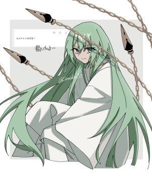 Rule 34 | 1other, androgynous, chain, commentary request, enkidu (fate), enkidu (weapon) (fate), fate/strange fake, fate (series), green eyes, green hair, highres, long hair, long sleeves, looking at viewer, robe, tokumori ramen, very long hair, white robe, wide sleeves