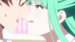 1boy 1girl animated anime_screenshot black_pants brown_eyes brown_hair bulge capelet erection erection_under_clothes french_kiss glasses green_eyes green_hair hair_bun highres kiss long_hair miniskirt nukigee_mitai_na_shima_ni_sunderu_watashi_wa_dou_surya_ii_desu_ka? open_mouth panties pants reizeiin_touka saliva saliva_trail school_uniform shirt sidelocks skirt sound tachibana_junnosuke tagme thighs tongue tongue_out underwear video white_shirt yellow_eyes