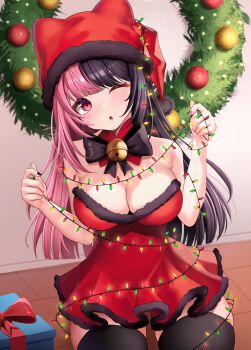 1girl :o absurdres animal_ears animal_hat armpit_crease biyo_yoo black_hair black_thighhighs blunt_bangs box breasts christmas christmas_lights cleavage commentary dress english_commentary fake_animal_ears garland_(decoration) gift gift_box hat highres holding indie_virtual_youtuber large_breasts long_hair looking_at_viewer marshie_(vtuber) multicolored_hair one_eye_closed open_mouth pink_eyes pink_hair red_dress red_hat second-party_source short_dress sleeveless sleeveless_dress solo split-color_hair strapless strapless_dress thighhighs two-tone_hair virtual_youtuber