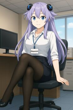 1girl blue_eyes chair high_heels highres non-web_source office_chair office_lady pantyhose pencil_skirt purple_hair purple_heart_(neptunia) shoes skirt swivel_chair tagme