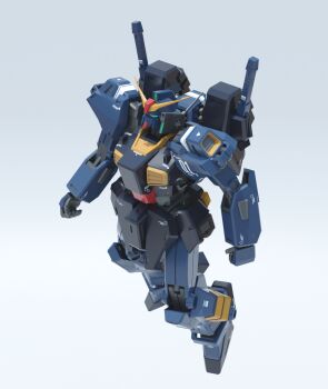 3d commentary_request flying gassan_(7nan8ku) gradient_background green_eyes grey_background gundam gundam_mk_ii highres machinery mecha mecha_focus mobile_suit no_humans realistic robot science_fiction thrusters titans_(gundam) v-fin vernier_thrusters zeta_gundam