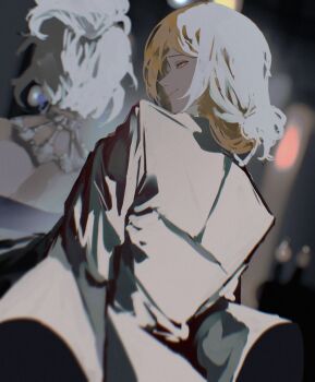 2girls black_coat blonde_hair blue_dress blurry blurry_background coat dark_background dress dutch_angle eternity_(reverse:1999) from_behind high_ponytail highres looking_at_viewer looking_back medium_hair multiple_girls ponytail profile red_eyes reverse:1999 tennant_(reverse:1999) turning_head upper_body white_hair wilson_(wilson1151487)