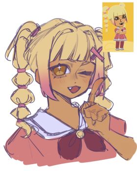 1girl blonde_hair brown_eyes commentary cropped_torso crystal_(tomodachi_life:_living_the_dream) dark-skinned_female dark_skin english_commentary fang gradient_hair hair_intakes hair_ornament hand_up highres index_finger_raised looking_at_viewer maty_(sesamii.seed) medium_hair mii_(nintendo) multi-tied_hair multicolored_hair nintendo one_eye_closed open_mouth pink_hair sailor_collar sidelocks simple_background sketch solo tomodachi_life tomodachi_life:_living_the_dream twintails white_background x_hair_ornament