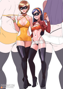 2girls ass bodycon boots brown_hair crop_top dress earrings helen_parr high_heels hoop_earrings jewelry leather long_hair makeup mask miniskirt mother_and_daughter multiple_girls nipples phone purple_hair pussy revealing_clothes short_hair skirt tekuho tekuho_no_habo the_incredibles thigh_boots thong violet_parr wrist_cuffs