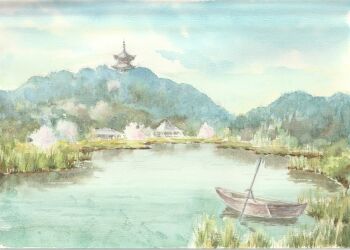 blue_sky commentary_request day landscape no_humans original outdoors painting_(medium) paruperu real_world_location scenery sky traditional_media water watercolor_(medium) yokohama