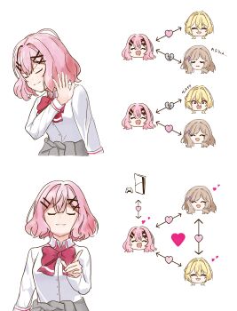 3girls absurdres amaori_renako blonde_hair bow bowtie broken_heart brown_hair closed_eyes closed_mouth clothes_around_waist collared_shirt commentary_request drakeposting_(meme) game_console hair_intakes heart highres jewelry64701577 long_hair love_triangle medium_hair meme multiple_girls ouzuka_mai pink_hair playstation_5 polyamory red_bow red_bowtie sena_ajisai shirt smile sweater sweater_around_waist tears watashi_ga_koibito_ni_nareru_wake_naijan_murimuri! white_shirt yuri