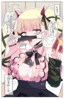 1girl absurdres arm_warmers bare_shoulders black_bow black_bowtie black_bra black_choker black_nails black_skirt blonde_hair blush bow bowtie bra bra_lift bracelet breasts card chernobog_(monster_strike) choker clothes_lift detached_sleeves hair_bow high-waist_skirt highres himiya_jouzu holding holding_card jewelry jirai_kei large_breasts long_hair long_sleeves looking_at_viewer mask mask_pull monster_strike mouth_mask nail_polish open_clothes open_mouth partially_unbuttoned pink_eyes pink_shirt shirt skirt solo speech_bubble suggestive_fluid twintails underwear