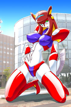 1girl arm_blade armor blush boots breasts brown_hair colored_skin covered_erect_nipples embarrassed fins full_body green_eyes hand_on_own_stomach head_fins high_heel_boots high_heels highres kneeling large_breasts long_hair matenrou mazinger_(series) mecha metal_hair metal_skin panties parted_lips pauldrons red_boots red_panties robot robot_girl shoulder_armor solo super_robot thigh_boots underwear venus_a weapon white_skin