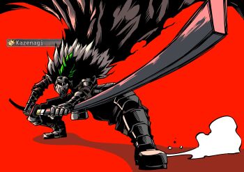 1boy absurdres armor armored_boots black_souls boots cape full_body fur_cape gauntlets grey_cape grimm_(black_souls) haho hashtag-only_commentary helmet highres katana male_focus pauldrons red_background sheath shoulder_armor simple_background smoke solo sword unsheathing weapon