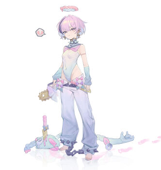 1girl absurdres arm_warmers arms_at_sides bare_shoulders barefoot belt blue_bow blue_eyes bow breasts broken_heart cai_bi cameltoe chainsaw collar covered_navel dripping ear_piercing earrings footprints gradient_clothes groin hair_intakes half-closed_eyes halo heart heart-shaped_pupils highres holding holding_chainsaw intestines jewelry leotard liquid looking_at_viewer lowleg lowleg_pants melting_halo multicolored_hair organs original pants pants_rolled_up piercing pink_bow pink_hair power_tool purple_bow purple_hair reflective_floor sailor_collar severed_limb short_hair simple_background small_breasts smile solo spiked_anklet spiked_collar spikes spoken_heart stab standing stitched_arm stitches streaked_hair symbol-shaped_pupils white_background white_pants