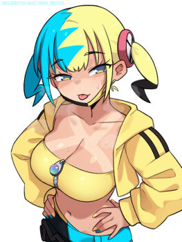 1girl :p black_hair black_mask black_pants blonde_hair blue_hair blue_nails blue_pants blush breasts canari_(pokemon) commentary english_commentary highres jacket long_sleeves looking_at_viewer mask mask_pull medium_breasts mouth_mask multicolored_hair multicolored_nails nail_polish navel nintendo paid_reward_available pants pokemon pokemon_legends:_z-a short_twintails simple_background solo sports_bra steaming_body sweat tan tanline tobias_wheller tongue tongue_out twintails two-tone_pants white_background yellow_jacket yellow_nails yellow_sports_bra