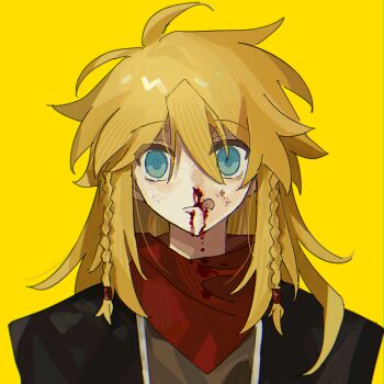 Rule 34 | 1boy, :q, anonymous1203, black jacket, blonde hair, blood, blood on face, blue eyes, braid, brown shirt, chinese commentary, commentary request, epic battle fantasy, highres, jacket, licking blood, licking lips, long hair, male focus, matt (epic battle fantasy), necktie, nosebleed, portrait, red necktie, shirt, simple background, tongue, tongue out, twin braids, yellow background
