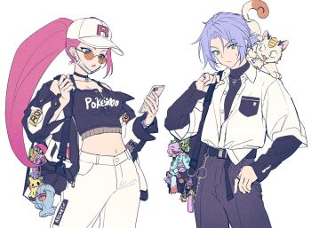 1boy 1girl arbok baseball_cap black_pants blue_eyes blue_hair cacnea cellphone charm_(object) crop_top dustox gen_1_pokemon gen_2_pokemon gen_3_pokemon gen_4_pokemon gen_7_pokemon gen_8_pokemon green_eyes growlithe hat highres holding holding_phone jacket james_(pokemon) jessie_(pokemon) looking_at_phone mareanie meowth mime_jr. morpeko nintendo open_clothes open_jacket pants phone pink_hair pkgllllllv pokemon pokemon_(anime) pokemon_(creature) smartphone sunglasses team_rocket weezing white_background white_pants wobbuffet