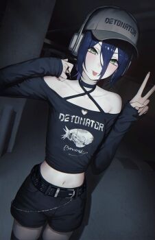 1girl bare_shoulders baseball_cap belt black_belt black_choker black_shirt black_shorts blue_hair breasts chainsaw_man choker collarbone green_eyes hair_between_eyes hat headphones highres long_sleeves midriff navel reze_(chainsaw_man) shirt shorts small_breasts solo suumon tongue tongue_out v