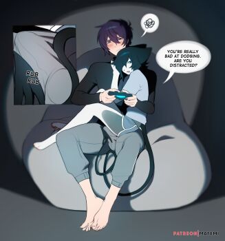 2boys :/ :d artist_name bare_legs barefoot bean_bag_chair black_hair black_nails black_shirt blush bulge controller demon_boy demon_tail english_text furry furry_male grey_pants grey_shirt highres holding holding_controller matemi multiple_boys nail_polish on_lap open_mouth original pants playing_games playstation_controller shirt short_hair sitting sitting_on_lap sitting_on_person smile speech_bubble spoken_squiggle squiggle tail teeth upper_teeth_only yaoi