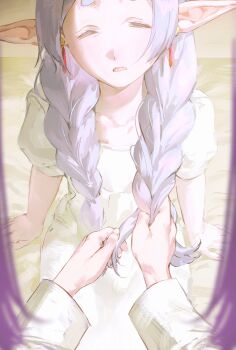 Rule 34 | 2girls, = =, absurdres, bed, braid, braided twintails, collarbone, commentary request, day, dress, earrings, elf, fern (sousou no frieren), food-themed earrings, frieren, grey hair, hair tie, hands in another's hair, hands on bed, highres, indoors, jewelry, li nauu, lingerie, long dress, long hair, long sleeves, multiple girls, negligee, on bed, open mouth, pajamas, pleading eyes, pointy ears, pov, puffy short sleeves, puffy sleeves, purple hair, raised inner eyebrows, red pepper earrings, short sleeves, sitting, sleepwear, sleepy, sousou no frieren, squinting, standing, underwear, white hair, yellow dress