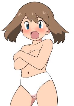 1girl blue_eyes blush brown_hair collarbone covering_breasts covering_privates crotch_seam flat_chest highres loli long_hair looking_at_viewer may_(pokemon) navel nintendo open_mouth panties pokemon pokemon_(anime) pokemon_rse_(anime) standing surprised topless_female underwear white_background white_panties yume_yoroi