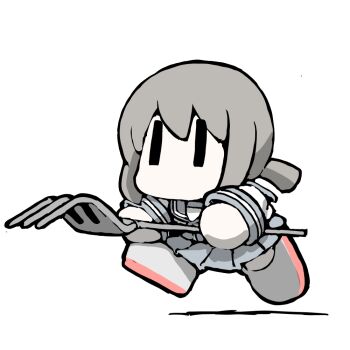 1girl chibi commentary_request fork fubuki_(kancolle) grey_hair grey_sailor_collar grey_skirt kantai_collection low_ponytail no_mouth oversized_object pleated_skirt ponytail running sailor_collar school_uniform serafuku short_ponytail simple_background skirt solo task_(s_task80) white_background |_|