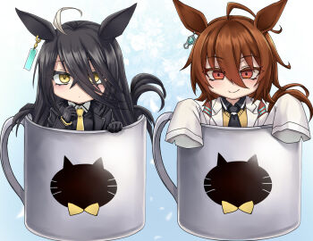 2girls agnes_tachyon_(tach-nology)_(umamusume) agnes_tachyon_(umamusume) ahoge animal_ears black_gloves black_hair black_jacket black_shirt brown_eyes brown_hair chibi closed_mouth collared_shirt cup gloves hair_over_one_eye hands_up horse_ears horse_girl horse_tail in_container in_cup jacket lab_coat long_hair long_sleeves manhattan_cafe_(umamusume) minarai mini_person minigirl mug multicolored_hair multiple_girls necktie open_clothes open_jacket shirt sleeves_past_fingers sleeves_past_wrists smile sweater_vest tail two-tone_hair umamusume white_hair yellow_necktie
