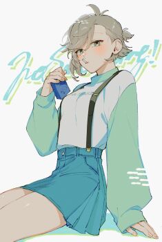 1girl absurdres antenna_hair asymmetrical_bangs blue_skirt breasts cigarette cigarette_pack commentary_request green_sweater grey_eyes grey_hair highres holding holding_cigarette_pack kabane_(rjev8385) looking_at_viewer medium_breasts miniskirt mouth_hold original ponytail short_hair short_ponytail sitting skirt sleeves_past_wrists smoking solo suspender_skirt suspenders sweater swept_bangs thighs two-tone_sweater white_background white_sweater