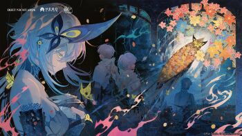 Rule 34 | 2boys, 2girls, blue flower, boat, breasts, bug, butterfly, commentary, company name, copyright logo, copyright notice, duet night abyss, english commentary, flower, hair ornament, highres, insect, logo, long hair, looking back, multiple boys, multiple girls, official art, orange flower, phoxhunter (duet night abyss), profile, psyche (duet night abyss), red flower, tears, the boy in the dream (duet night abyss), the girl in the dream (duet night abyss), watercraft, white hair, yellow eyes, yellow flower