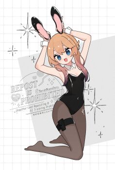 Rule 34 | 1girl, arms up, barefoot, belt, black leotard, black pantyhose, blonde hair, blue eyes, breasts, commentary request, covered navel, detached collar, gradient hair, highres, holding, holding shoes, holding unworn clothes, kneeling, leotard, long hair, looking at viewer, multicolored hair, neruk0hasodatu, open mouth, original, pantyhose, playboy bunny, pouch, shoes, small breasts, solo, strapless, strapless leotard, thigh belt, thigh pouch, thigh strap, unworn shoes, white wrist cuffs, wrist cuffs