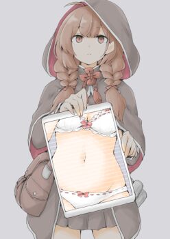 1girl akara_kai bag bow bow_bra bow_panties bra bra_peek braid breasts brown_bag brown_eyes brown_hair cape commentary_request grey_background grey_skirt highres hood hooded_cape kantai_collection long_hair looking_at_viewer navel panties panty_peek shinshuu_maru_(kancolle) shoulder_bag simple_background skirt solo standing twin_braids underwear white_bra white_panties x-ray_vision