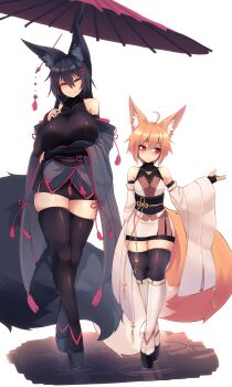 2girls absurdres ahoge animal_ear_fluff animal_ears bare_shoulders bike_shorts black_hair black_legwear blonde_hair blush breasts detached_sleeves elbow_gloves closed_eyes facing_viewer fox_ears fox_tail gloves hair_between_eyes hair_ornament hairclip highres huge_breasts japanese_clothes kiri_(sub-res) large_tail long_hair looking_to_the_side multiple_girls obi original platform_clogs red_eyes sash short_hair skindentation smile sub-res suzu_(sub-res) tail thighhighs walking white_background