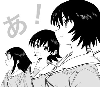 Rule 34 | 3girls, a (phrase), azumanga daioh's school uniform, azumanga daiou, blush, bonklers, chorohanage, collarbone, from side, greyscale, highres, kagura (azumanga daioh), kasuga ayumu, long hair, looking ahead, looking at viewer, monochrome, multiple girls, sailor collar, school uniform, serafuku, short hair, smile, takino tomo, upper body, white background