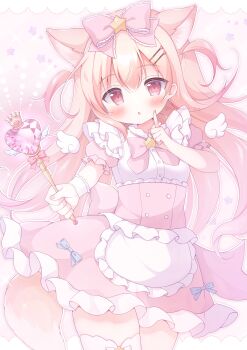 1girl :o animal_ears apron blonde_hair blush bow bowtie brooch commentary_request cowboy_shot fox_ears fox_girl fox_tail frilled_apron frilled_bow frilled_skirt frills hair_bow hair_ornament hanasakichu hand_up highres holding holding_wand index_finger_raised jewelry long_hair looking_at_viewer mini_wings momose_nina open_mouth pink_bow pink_bowtie pink_skirt project_nebula red_eyes shirt short_sleeves skirt solo star_(symbol) star_brooch star_hair_ornament tail thighhighs two_side_up virtual_youtuber waist_apron wand white_apron white_shirt white_thighhighs wings wrist_cuffs