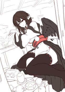 Rule 34 | 1girl, animal, bare shoulders, bird, black thighhighs, black wings, commentary, feathered wings, hat, highres, kagami toufu, kourindou tengu costume, obi, partially colored, pelvic curtain, pointy ears, pom pom (clothes), red sash, sash, shameimaru aya, solo, thighhighs, tokin hat, touhou, unworn hat, unworn headwear, wings