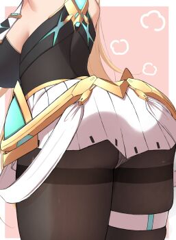 1girl absurdres arched_back arms_up ass ass_focus bare_shoulders black_pantyhose blonde_hair breasts dress highres large_breasts long_hair lower_body microdress mikan_(mika_n95) mythra_(massive_melee)_(xenoblade) mythra_(xenoblade) neon_trim pantyhose pleated_dress solo suspenders thigh_strap very_long_hair white_dress xenoblade_chronicles_(series) xenoblade_chronicles_2