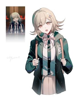1girl :o artist_name backpack bag black_shirt brown_hair collared_shirt danganronpa_(series) danganronpa_2:_goodbye_despair dress_shirt flipped_hair hair_ornament highres holding_strap hood jacket long_sleeves looking_at_viewer medium_hair multiple_views nanami_chiaki neck_ribbon open_clothes open_jacket pink_eyes pink_ribbon ribbon shirt skirt tansuan_yun teeth two-tone_shirt upper_teeth_only white_background white_shirt