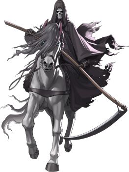 1boy artist_request black_robe blue_eyes demon_(megami_tensei) gloves holding holding_scythe holding_weapon hooded_robe horse horseback_riding official_art pale_rider_(megami_tensei) persona persona_5 persona_5:_the_phantom_x riding robe scythe shin_megami_tensei skull third-party_source transparent_background weapon