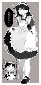 2girls alternate_costume apron collared_dress commentary_request contrast_collar dress drooling embarrassed enmaided flying_sweatdrops frilled_apron frilled_wrist_cuffs frills futsuu_no_keion-bu greyscale hatono_chihiro highres kouyama_rin l2awk lovestruck maid maid_apron maid_headdress medium_hair monochrome mouth_drool multiple_girls open_mouth own_hands_together puffy_short_sleeves puffy_sleeves shoes short_hair short_sleeves skirt_hold sparkle speech_bubble sweat translation_request very_short_hair wrist_cuffs