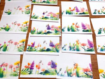 aoume_mimei black_thighhighs colored_pencil_(medium) floating floating_hair flower frieren grass highres holding holding_staff leaf long_hair mage_staff miniskirt orange_flower photo_(medium) pink_flower purple_flower simple_background skirt sousou_no_frieren staff thighhighs traditional_media twintails white_background white_hair white_skirt yellow_flower