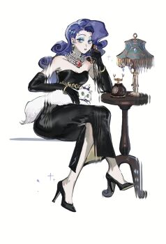 1girl aegyo_sal animal animal_on_lap antique_phone bare_shoulders black_dress black_gloves black_shoes blue_eyes blue_eyeshadow bow bracelet breasts cat chinese_commentary cleavage commentary_request crossed_legs curly_hair curtained_hair desk_lamp diamond_hair_ornament dress earrings elbow_gloves elbow_on_table eyeshadow full_body gem gloves gold_bracelet gold_earrings high_heels highres holding holding_phone invisible_chair jewelry lamp leiyezhongma1 long_dress long_hair looking_at_viewer makeup my_little_pony my_little_pony:_equestria_girls my_little_pony:_friendship_is_magic necklace on_lap opalescence_(my_little_pony) pale_skin parted_lips pearl_necklace phone purple_bow purple_hair rarity_(equestria_girls) rarity_(my_little_pony) red_gemstone shoes side_slit simple_background sitting small_breasts solo sparkle strapless strapless_dress table very_long_hair white_background white_cat