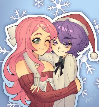 2girls :3 bare_shoulders bead_necklace beads black_ribbon bow bowtie christmas closed_mouth commentary english_commentary gradient_background gradient_outline green_eyes hair_bow hair_ornament hairclip hat highres hug jewelry long_hair looking_at_viewer momone_momo multiple_girls necklace one_eye_closed pink_hair purple_eyes purple_hair red_bow red_bowtie red_hat red_sweater ribbon santa_hat short_hair smile snowflake_background sweater treebarkagain utane_uta utau white_bow white_sweater