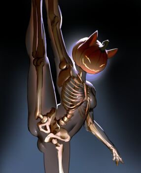 1girl animal_ears austinarts breasts cat_ears cowboy_shot fortnite grin highres jack-o&#039;-lantern_head pumpkin see-through_body skeleton small_breasts smile split standing standing_on_one_leg standing_split