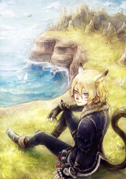 1boy animal_ears black_gloves blonde_hair blue_eyes blue_jacket blue_pants cat_boy cat_ears cat_tail cliff commentary_request facial_mark final_fantasy final_fantasy_xi fingerless_gloves gloves jacket lehko_habhoka looking_at_viewer male_focus mithra_(ff11) nemu_(isaya) on_grass pants short_hair sitting smile solo tail whisker_markings