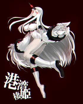 1girl abyssal_ship boots breasts character_name claws closed_mouth colored_skin commentary_request detached_sleeves dress glowing glowing_eyes glowing_horns grey_skin horns kagaya_jirou kantai_collection knee_boots large_breasts long_hair red_eyes ribbed_dress ribbed_sleeves seaport_princess short_dress simple_background single_horn solo very_long_hair white_boots white_dress white_hair white_sleeves
