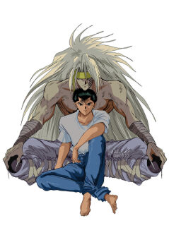 2boys barefoot elbow_on_knee hiei4455 long_hair male_focus multiple_boys pants raizen_(yu_yu_hakusho) shirt urameshi_yuusuke white_background white_shirt yuu_yuu_hakusho