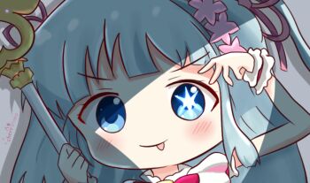 Rule 34 | 1girl, aged down, aqua eyes, blue eyes, blue hair, blush, bow, cherrinako, chibi, clea (kirara fantasia), female focus, kirara fantasia, long hair, looking at viewer, pink bow, shadow, smile, solo, star (symbol), star in eye, symbol in eye, tongue, tongue out