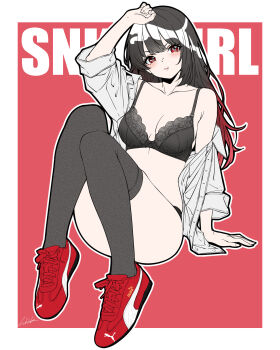 Rule 34 | 1girl, bambi surprise, black bra, black hair, black panties, black thighhighs, bra, breasts, commentary, english commentary, english text, gradient hair, highres, long hair, looking at viewer, medium breasts, multicolored hair, open clothes, open shirt, original, panties, pout, puma (brand), red eyes, red hair, red shoes, shirt, shirt partially removed, shoes, sitting, sneakers, solo, symbol in eye, thighhighs, two-tone hair, underwear, white shirt